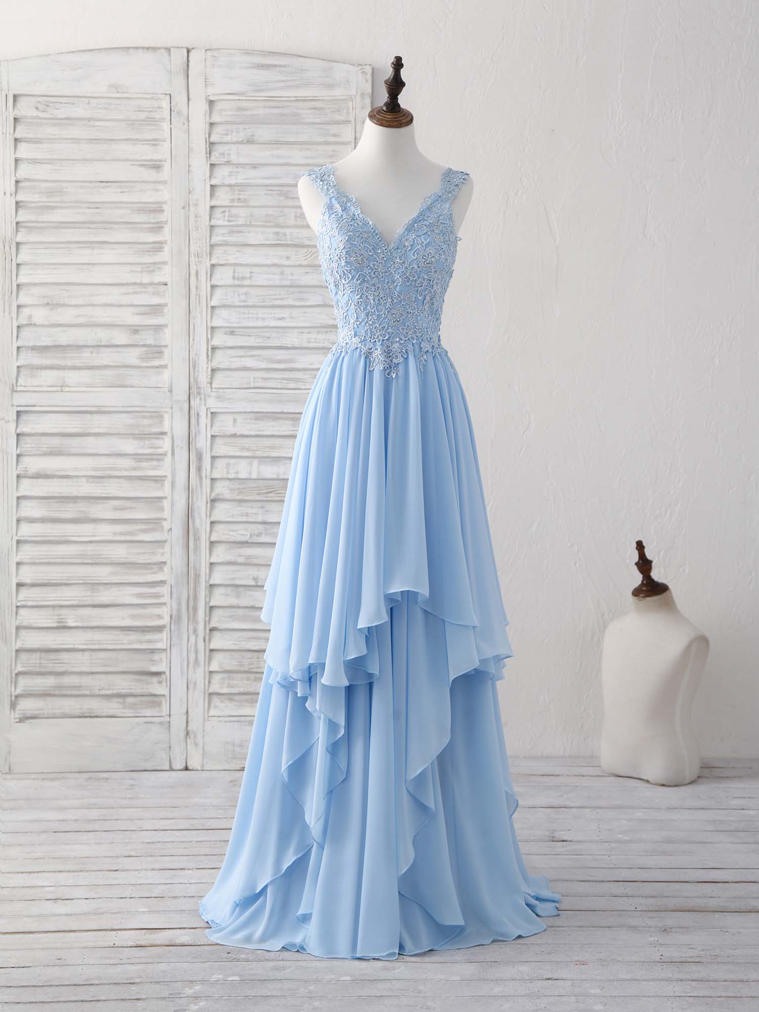 Blue V Neck Applique Chiffon Long Prom Dress Lace Bridesmaid Dress - Deanwangkt