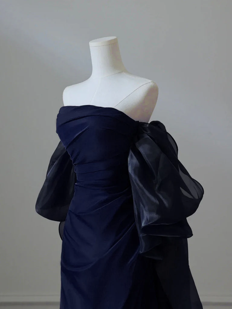 A-Line Satin Dark Blue Long Prom Dress, Dark Blue Long Evening Dress - Deanwangkt