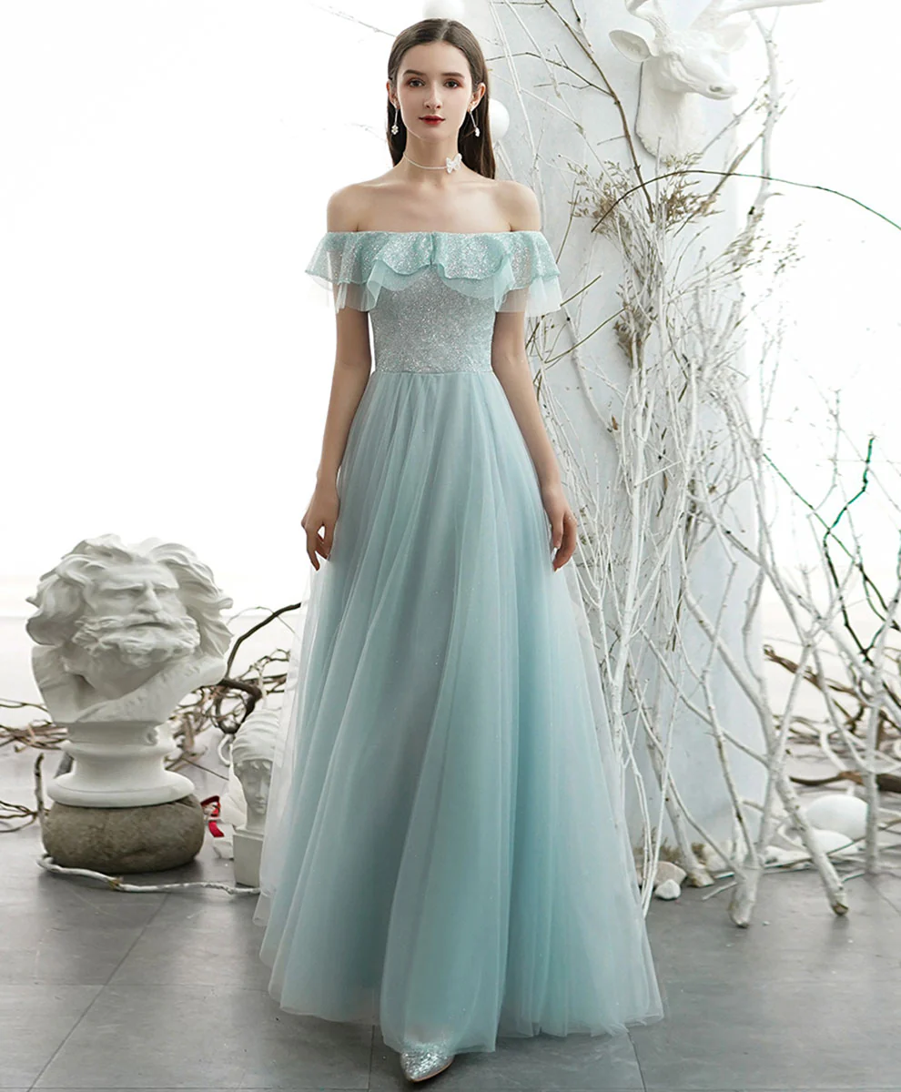 Green Tulle Sequin Long Prom Dress, Green Formal Graduation Dress - Deanwangkt