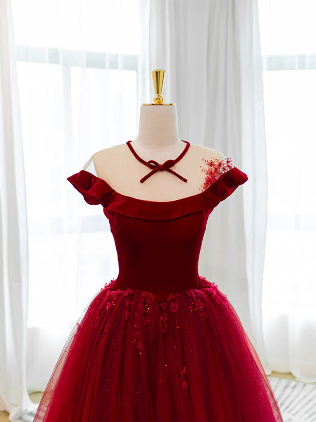 Burgundy Round Neck Tulle Lace Long Prom Dress, Burgundy Evening Dress - Deanwangkt