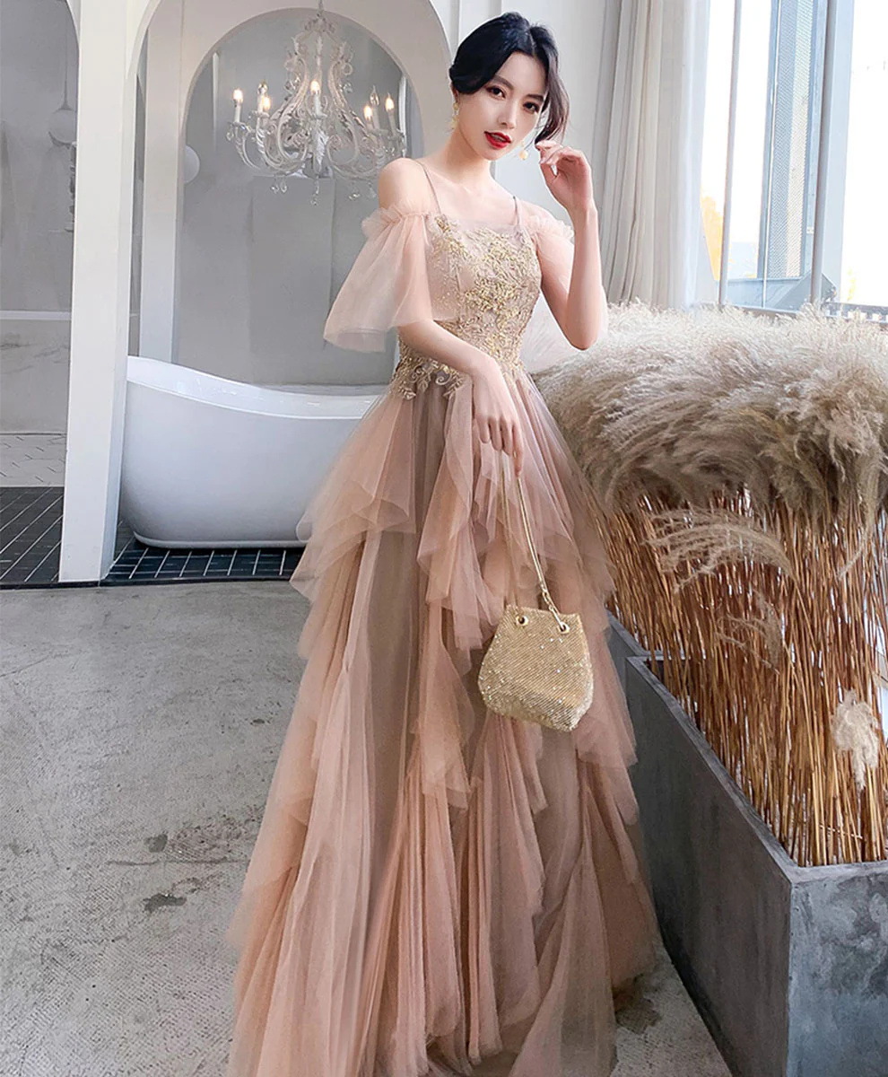 Champagne Tulle Lace Long Prom Dress Tulle Lace Evening Dress - Deanwangkt