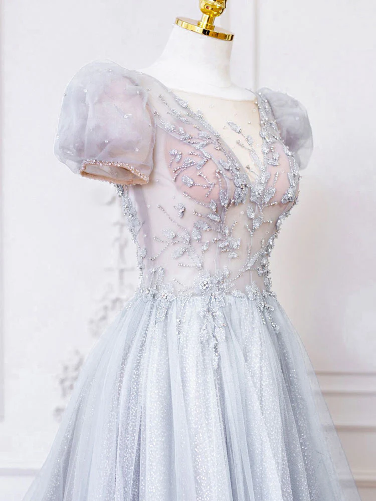 Gray Round Neck Tulle Lace Long Prom Dress, Gray Tulle Evening Dress - Deanwangkt
