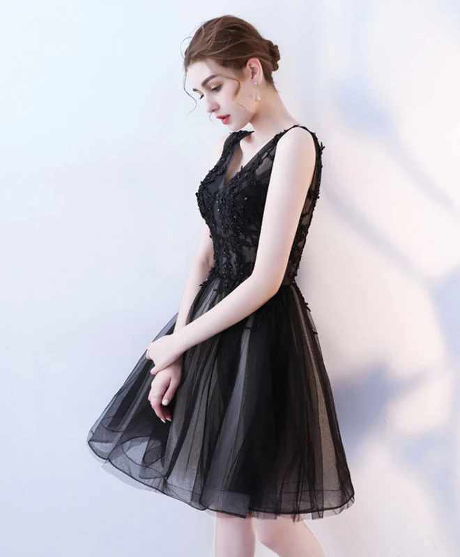 Black V Neck Tulle Lace Short Prom Dress, Homecoming Dress - Deanwangkt