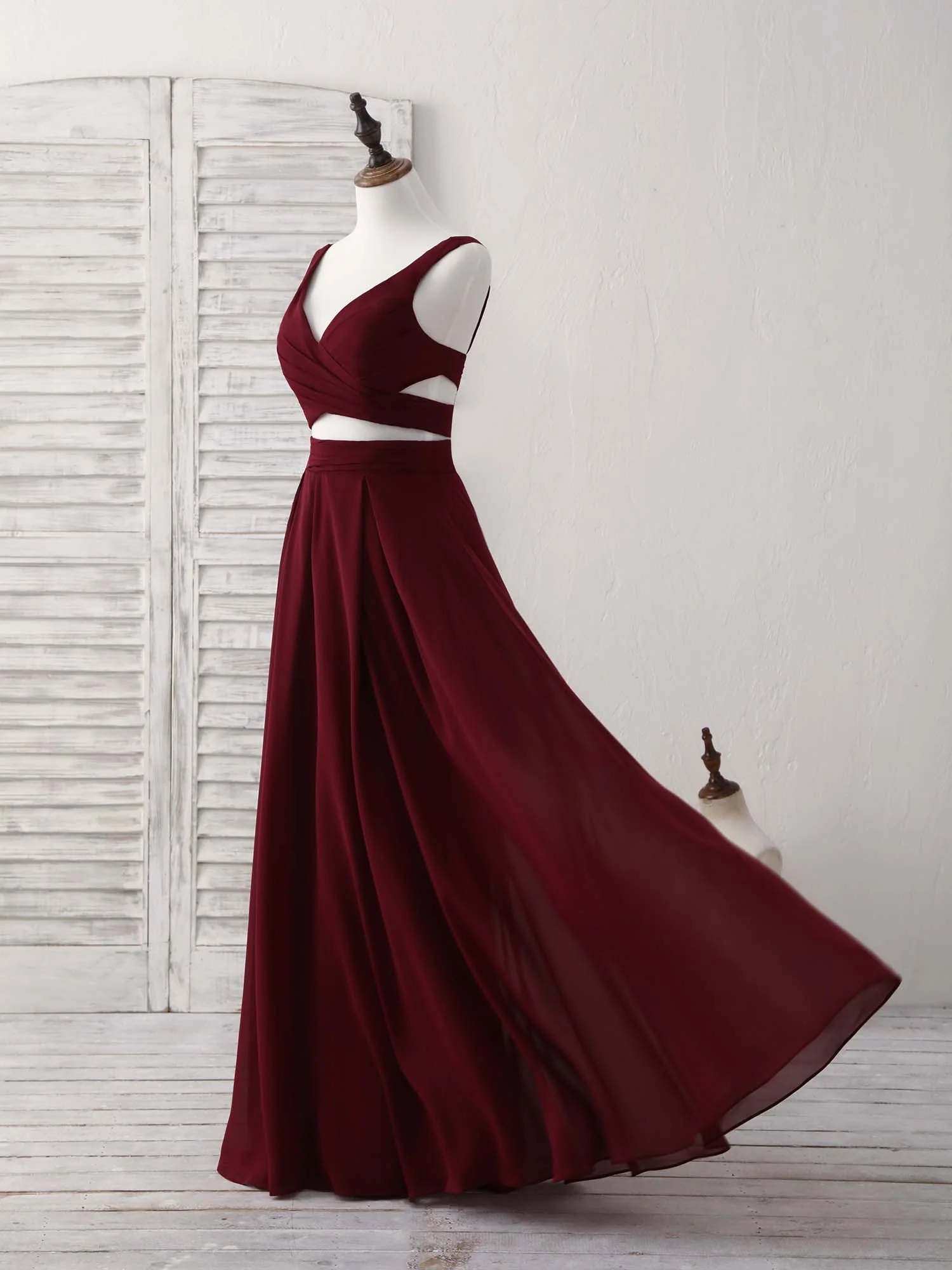 Burgundy Two Pieces Chiffon Long Prom Dress, Evening Dress - Deanwangkt