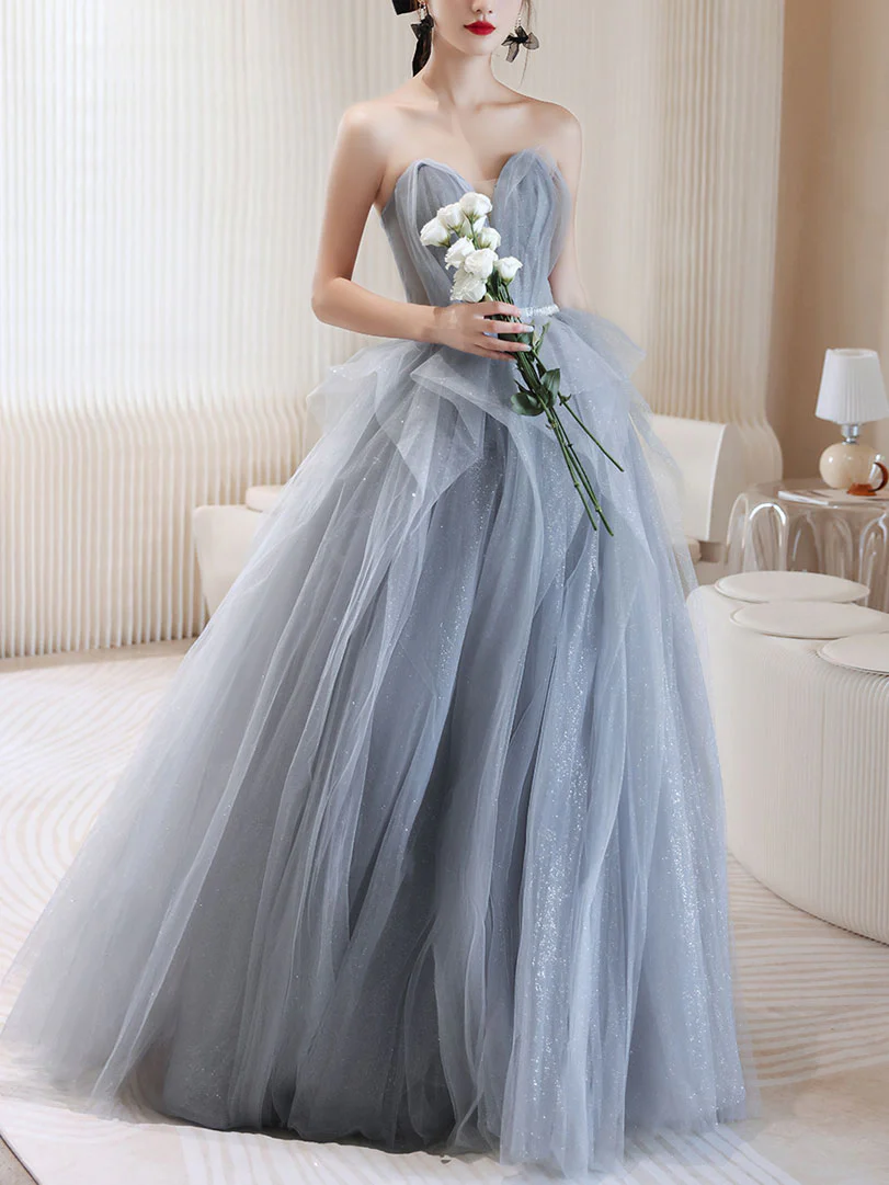Gray Tulle Off Shoulder Long Prom Dress, Gray Tulle Formal Dress - Deanwangkt