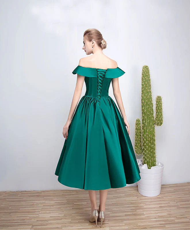 Green Satin Short Prom Dress, Green Tea Length Homecoming Dresses - Deanwangkt