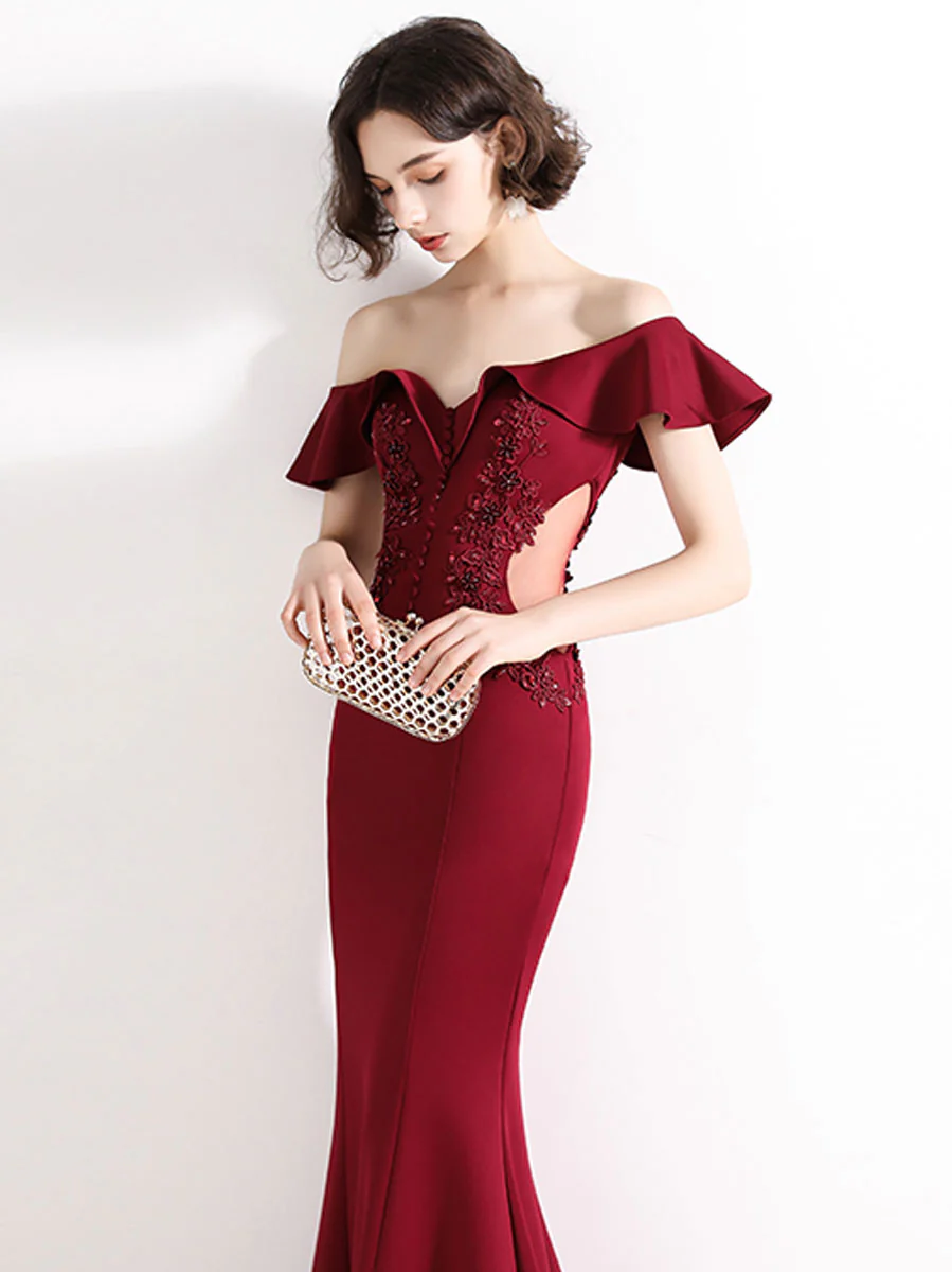 Burgundy Off Shoulder Satin Lace Long Prom Dress, Burgundy Evening Dresses - Deanwangkt
