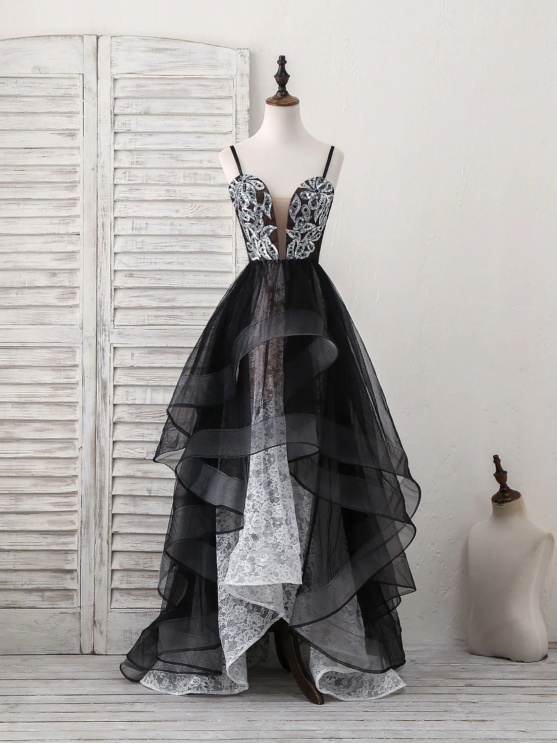 Black Sweetheart Neck Tulle Lace Long Prom Dress, Black Evening Dress - Deanwangkt