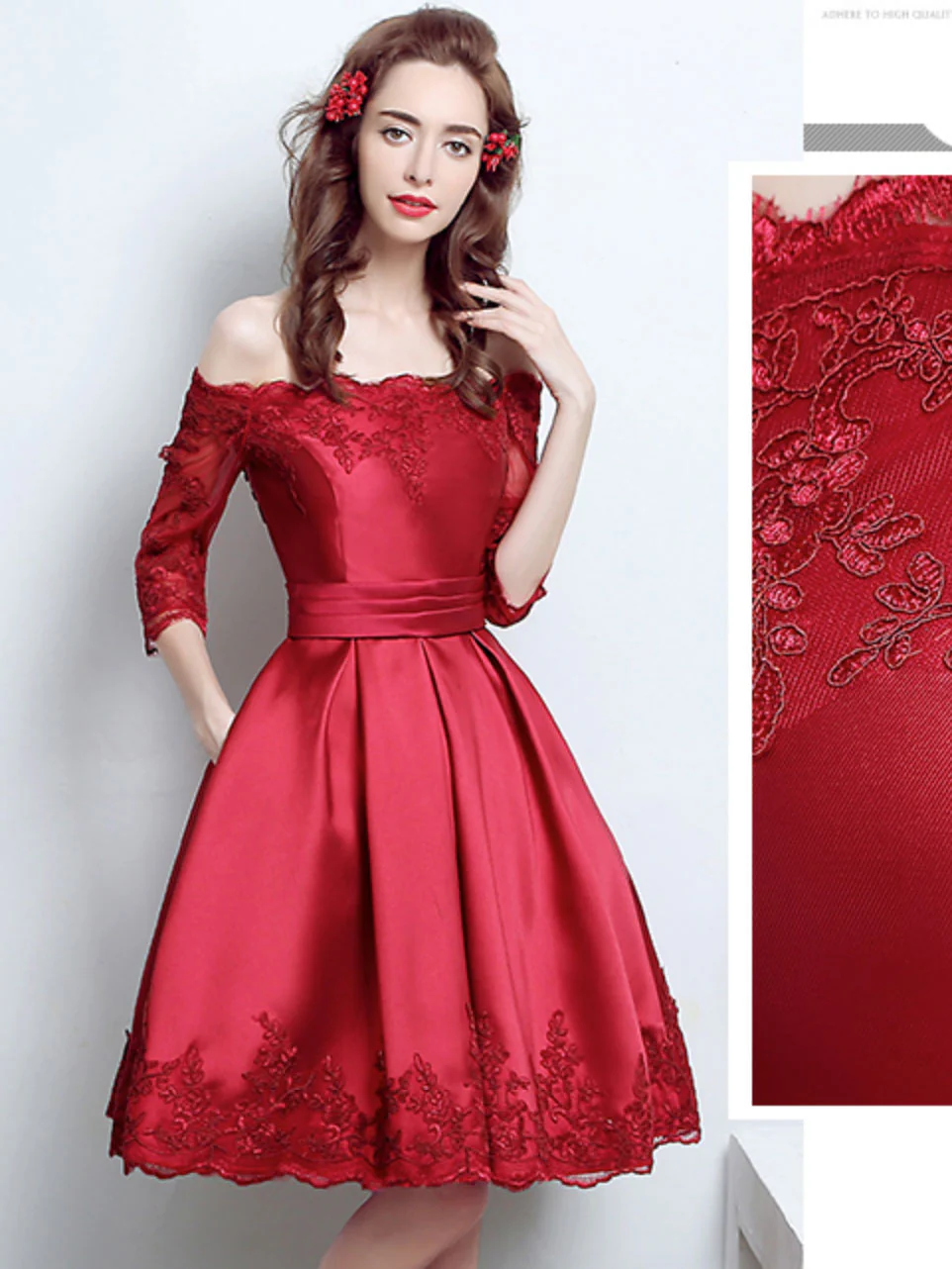 Burgundy Lace Satin Short Prom Dress, Burgundy Bridesmaid Dress - Deanwangkt