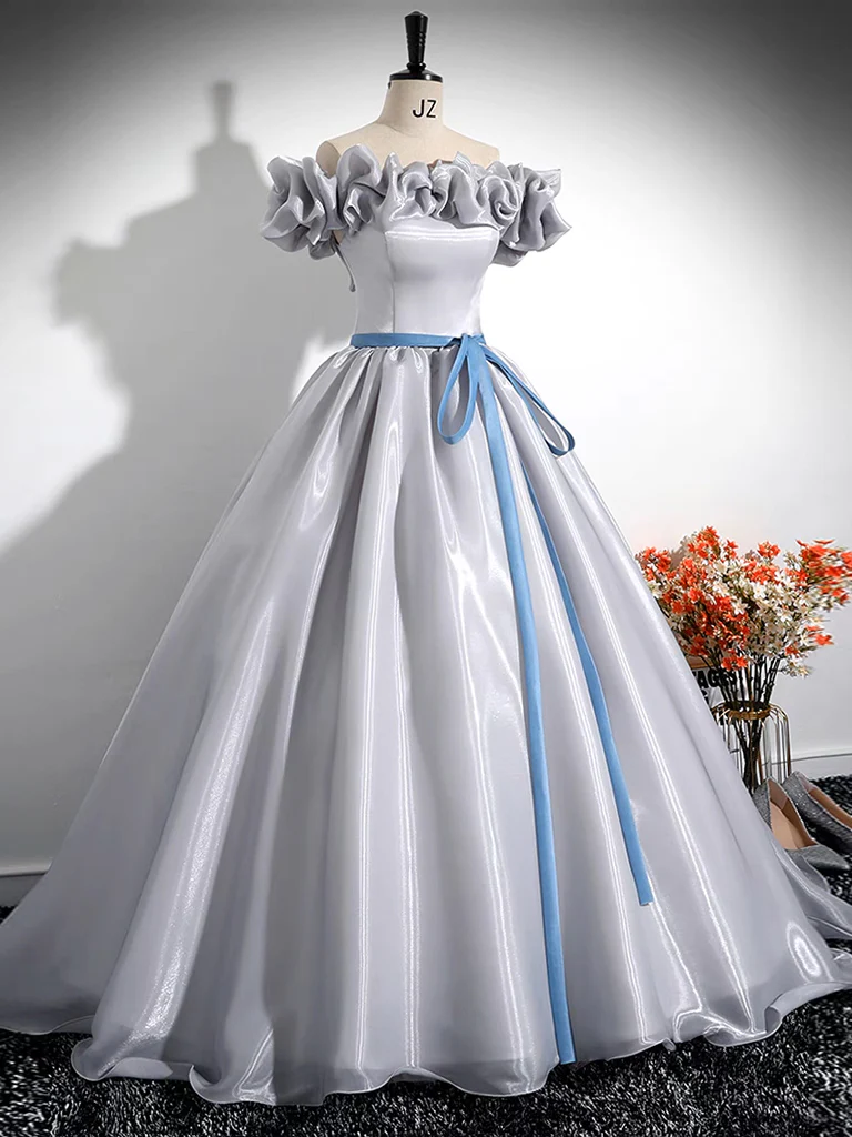 A-Line Off Shoulder Gray Satin Long Prom Dress, Gray Long Formal Dress - Deanwangkt