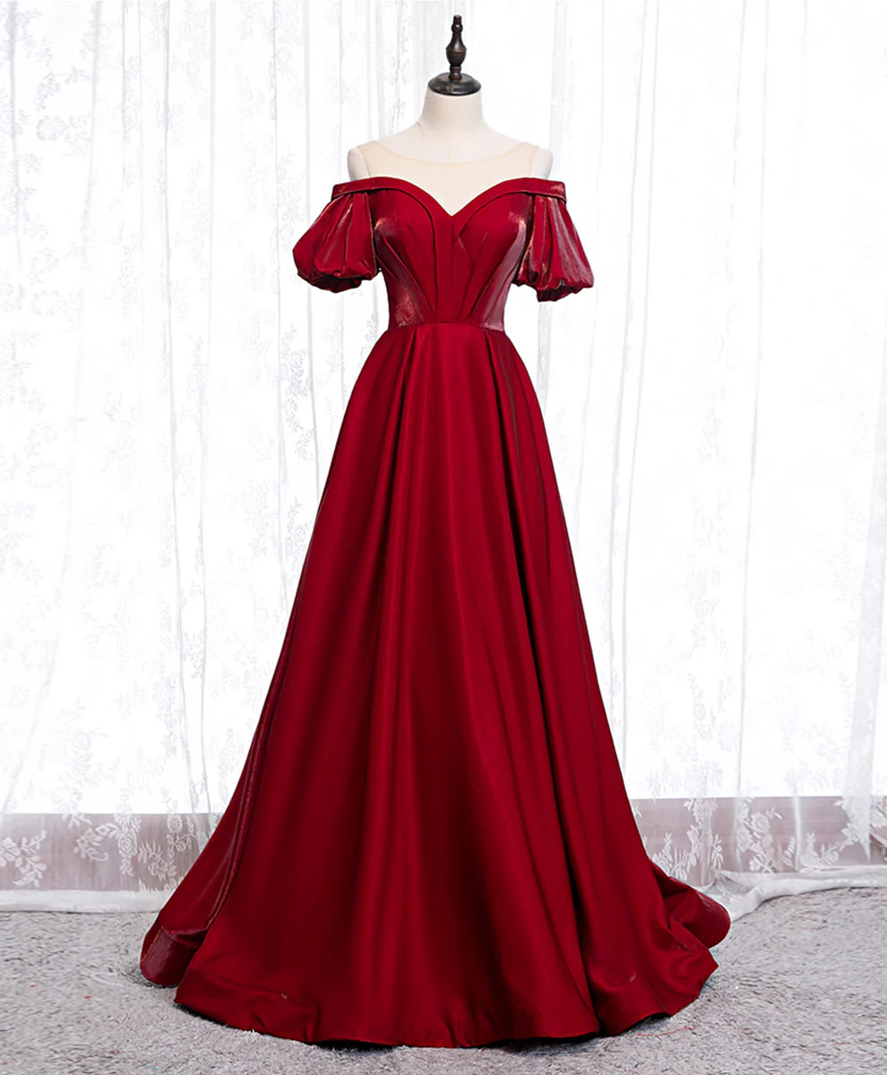 Simple Sweetheart Burgundy Satin Long Prom Dress, Burgundy Formal Graduation Dress - Deanwangkt