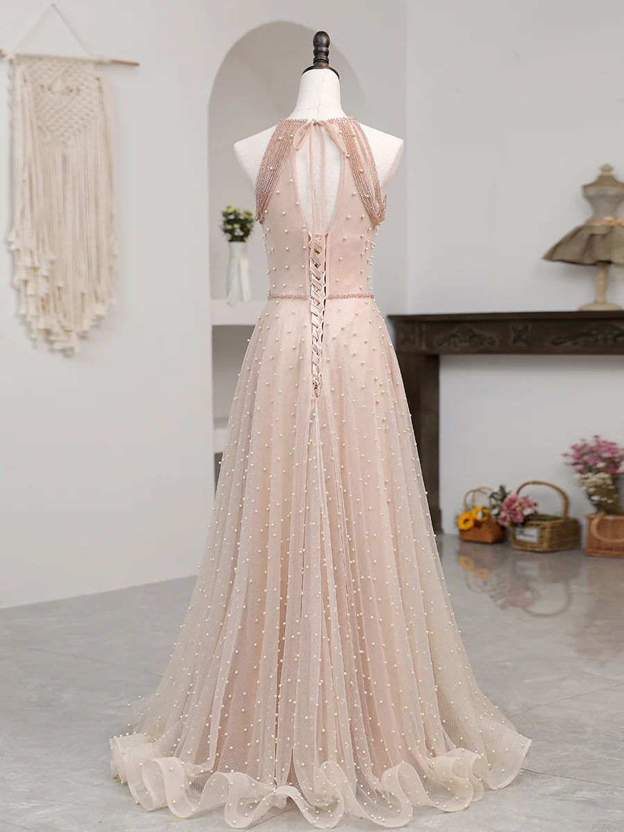 Champagne Pink Long Prom Dress, A Line Tulle Formal Dress Graduation Dresses - Deanwangkt