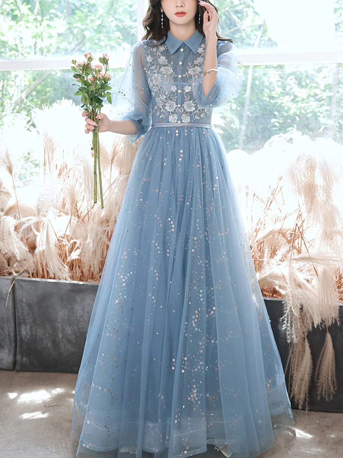 Blue Tulle Lace Sequin Long Prom Dress, A-line Blue Evening Dress - Deanwangkt