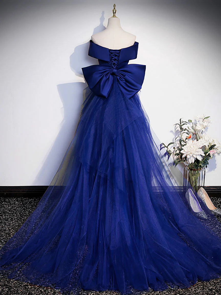 Royal Blue Mermaid Satin Long Prom Dress, Off Shoulder Blue Evening Dress - Deanwangkt
