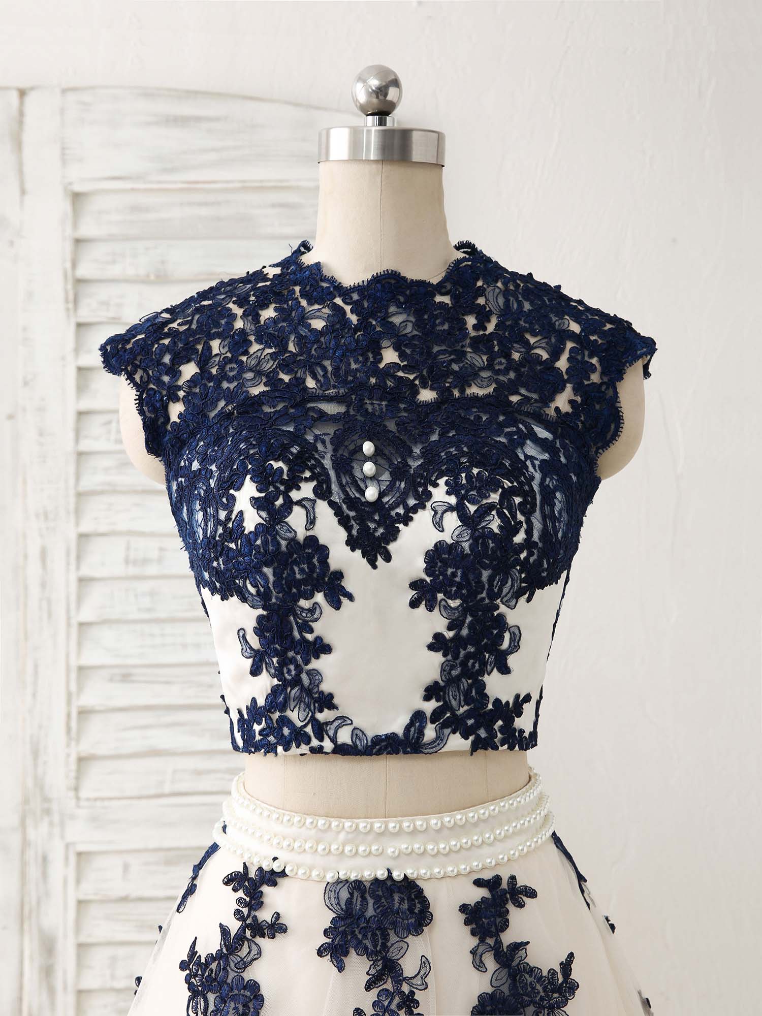 Dark Blue Two Pieces Lace Tulle Long Prom Dress Blue Evening Dress - Deanwangkt