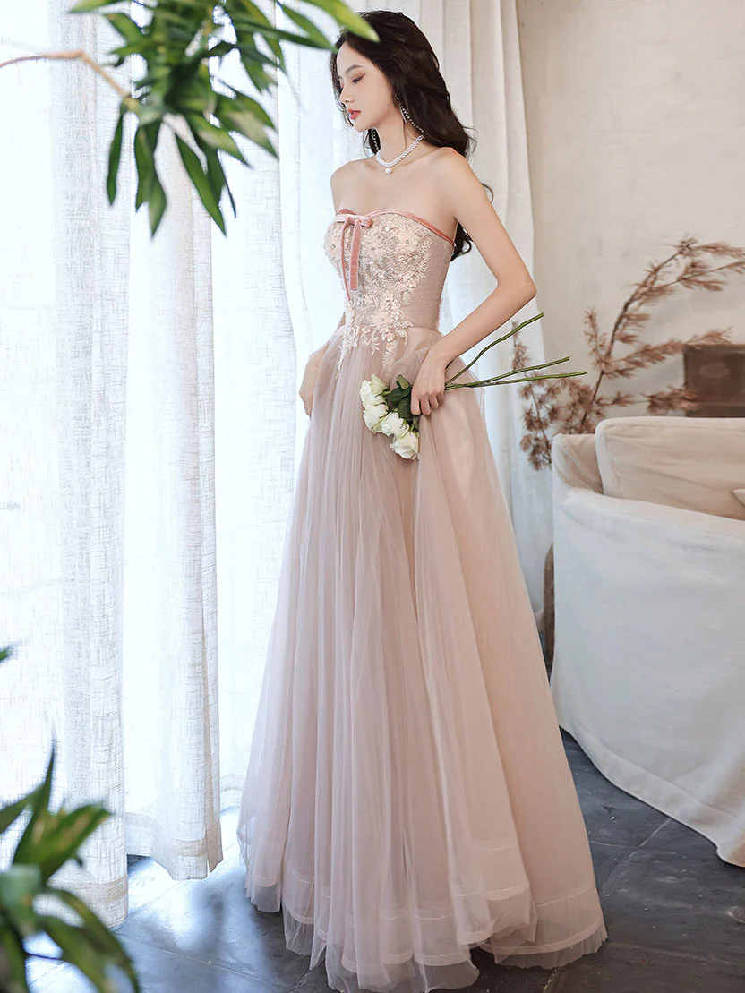 Champagne Tulle Lace Long Prom Dress, Champagne Evening Dress - Deanwangkt