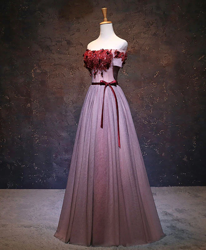 Pink Tulle Lace Applique Long Prom Dress, Burgundy Lace Evening Dress - Deanwangkt
