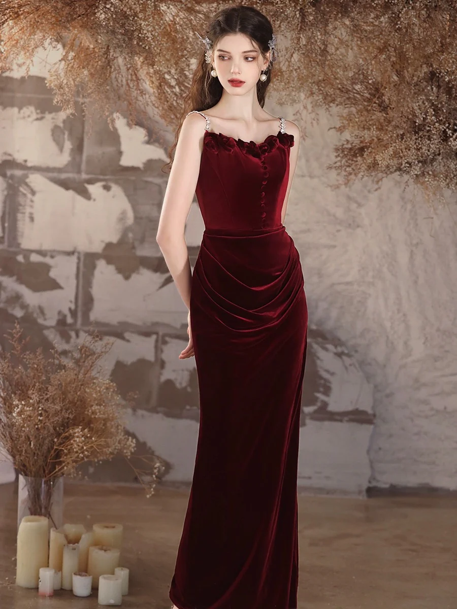 Simple Velvet Mermaid Burgundy Long Prom Dress, Burgundy Long Formal Dress - Deanwangkt
