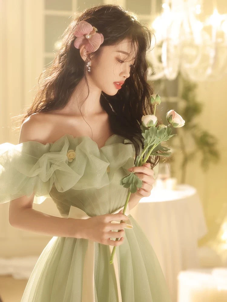 A-Line Off Shoulder Tulle Green Long Prom Dress, Green Long Formal Dress - Deanwangkt