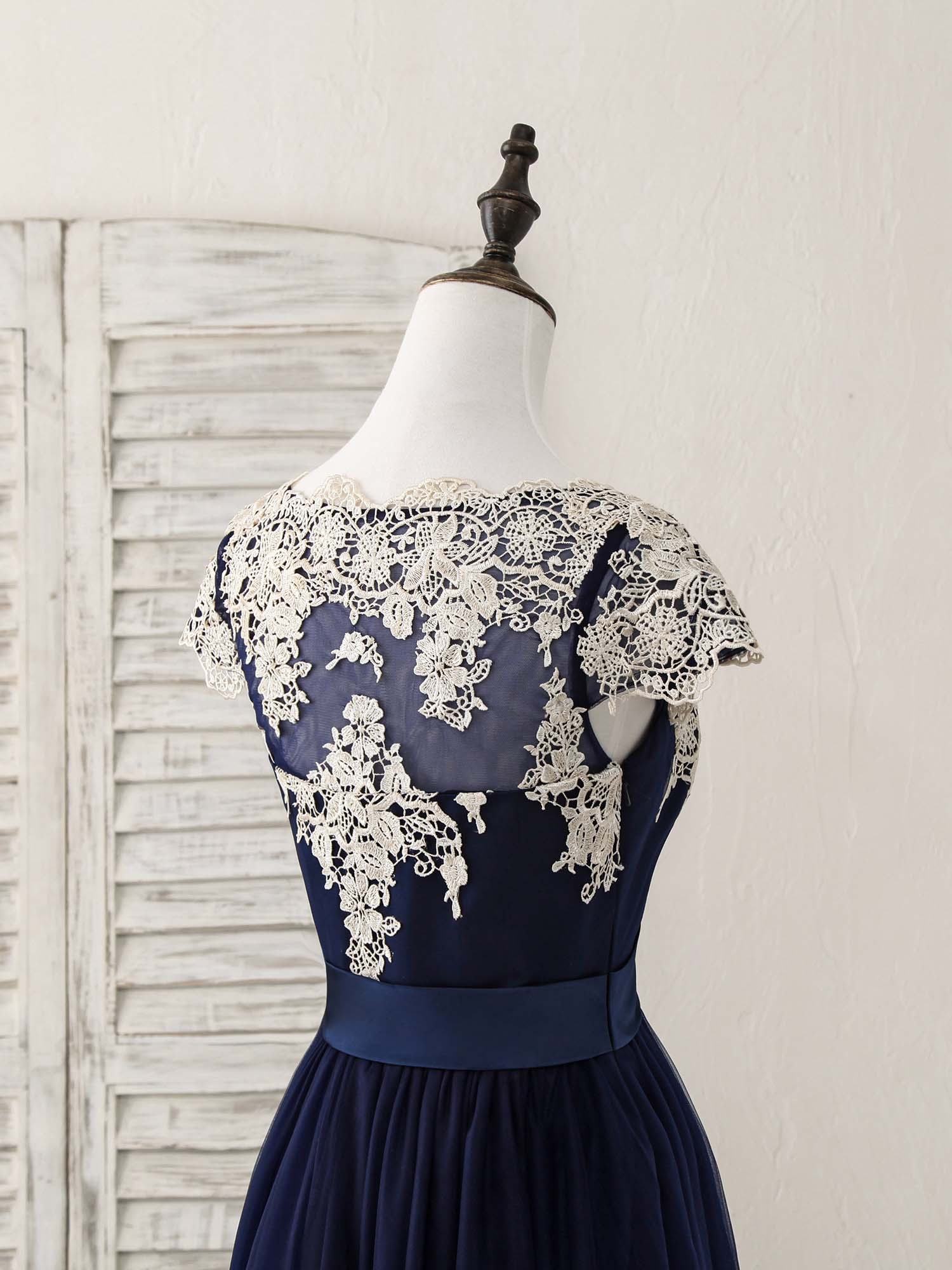 Dark Blue Tulle Lace Applique High Low Prom Dresses - Deanwangkt