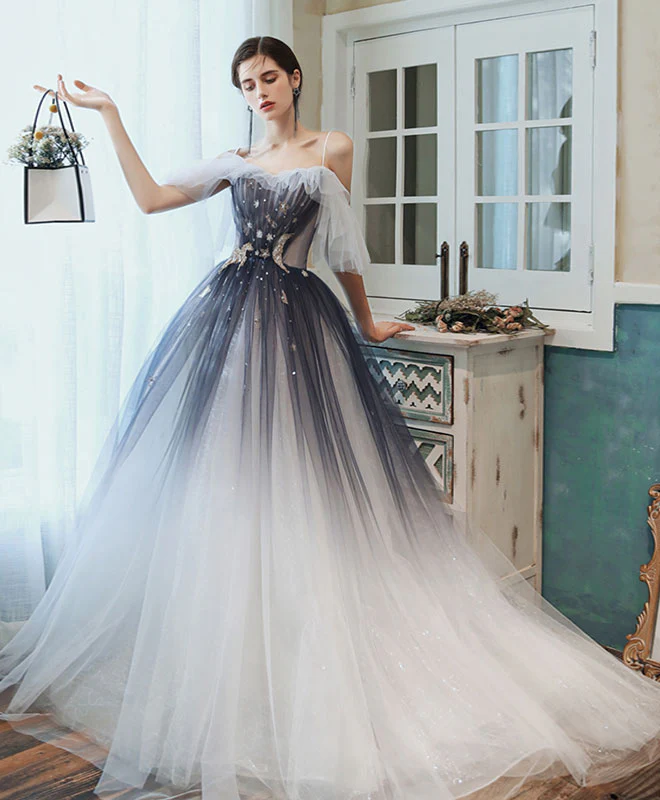 Unique Sweetheart Tulle Blue Long Prom Dress Blue Tulle Evening Dress - Deanwangkt