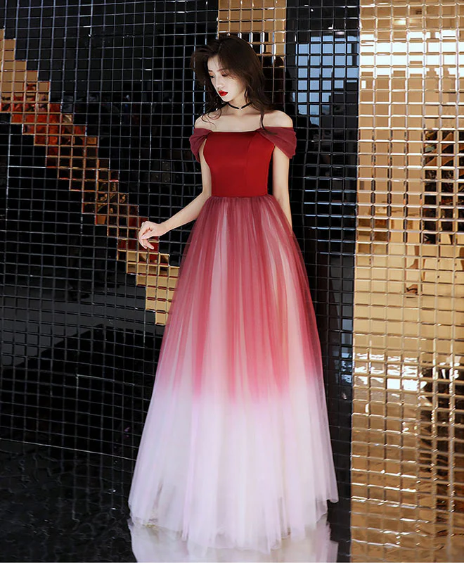 Unique Burgundy Off Shoulder Tulle Long Prom Dress, Burgundy Evening Dress - Deanwangkt