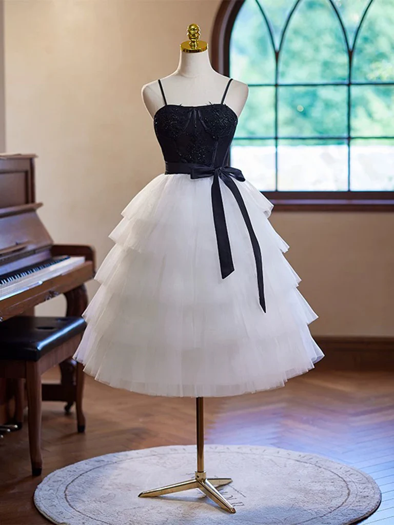 A-Line Tulle lace White Short Prom Dress, White Homecoming Dress - Deanwangkt