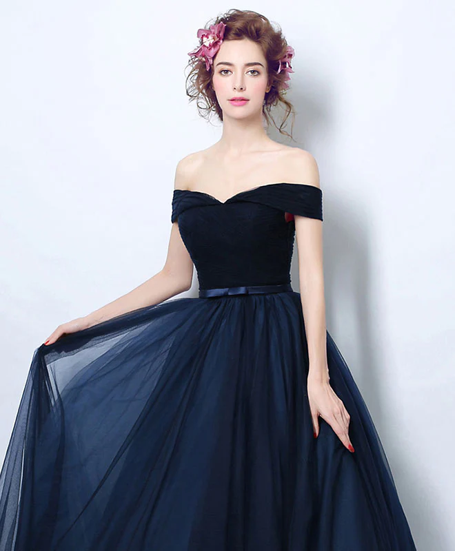 Dark Blue Tulle Long Prom Dress, Blue Tulle Bridesmaid Dress - Deanwangkt
