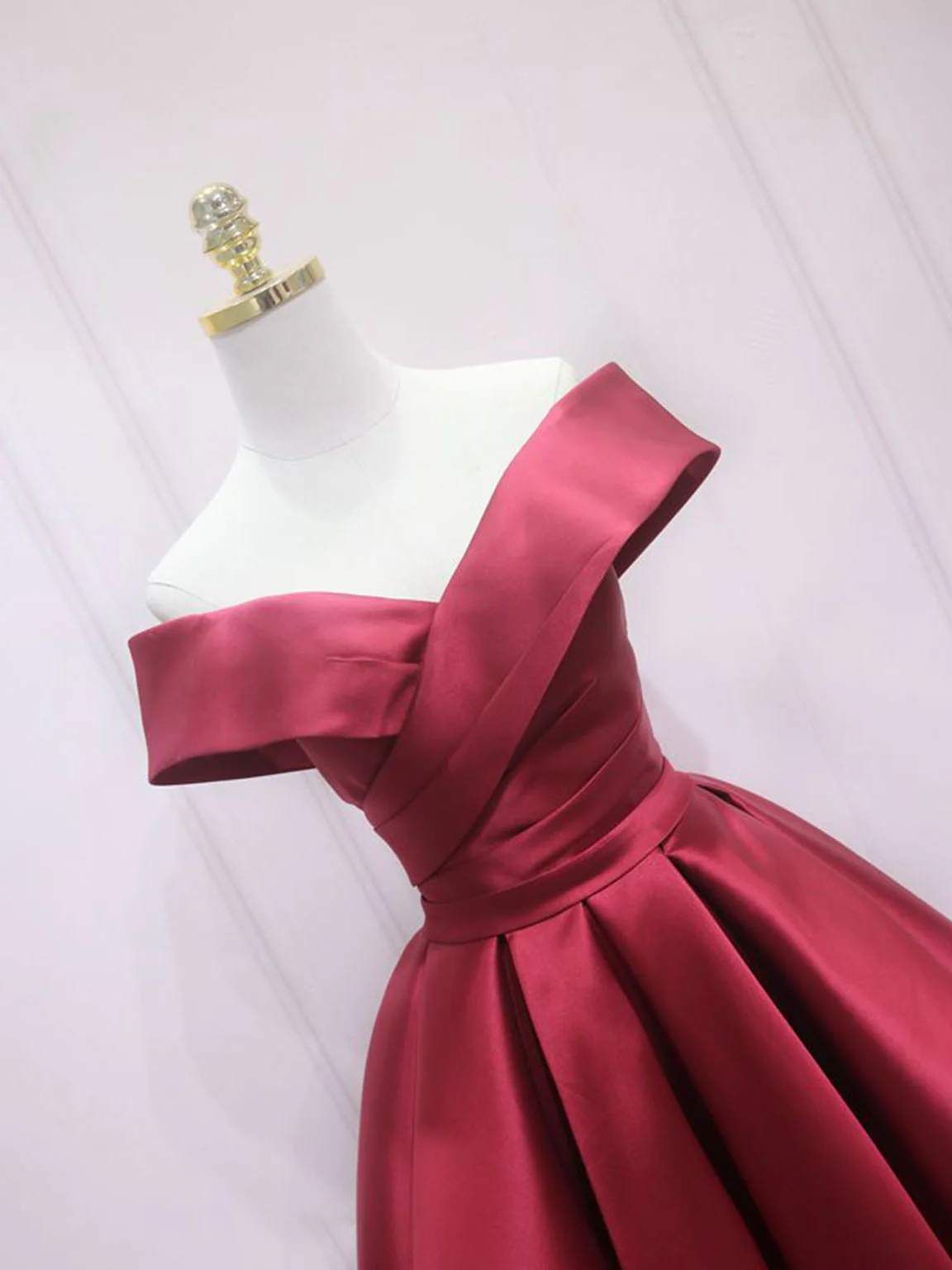 A-Line Off Shoulder Satin Burgundy Short Prom Dress, Burgundy Homecoming Dress - Deanwangkt