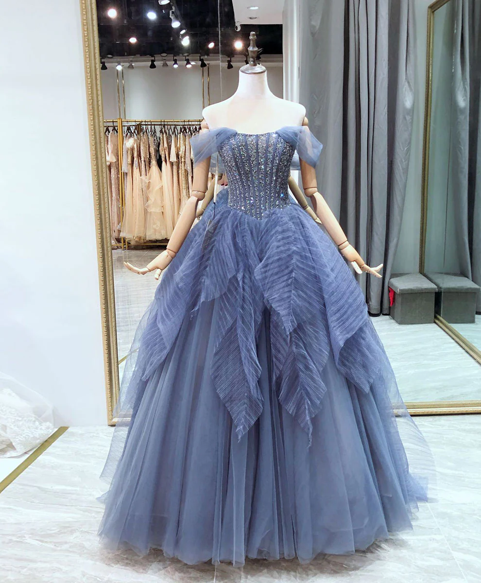 Blue Sweetheart Neck Tulle Beads Sequin Long Prom Dress,Blue Graduation Dress - Deanwangkt
