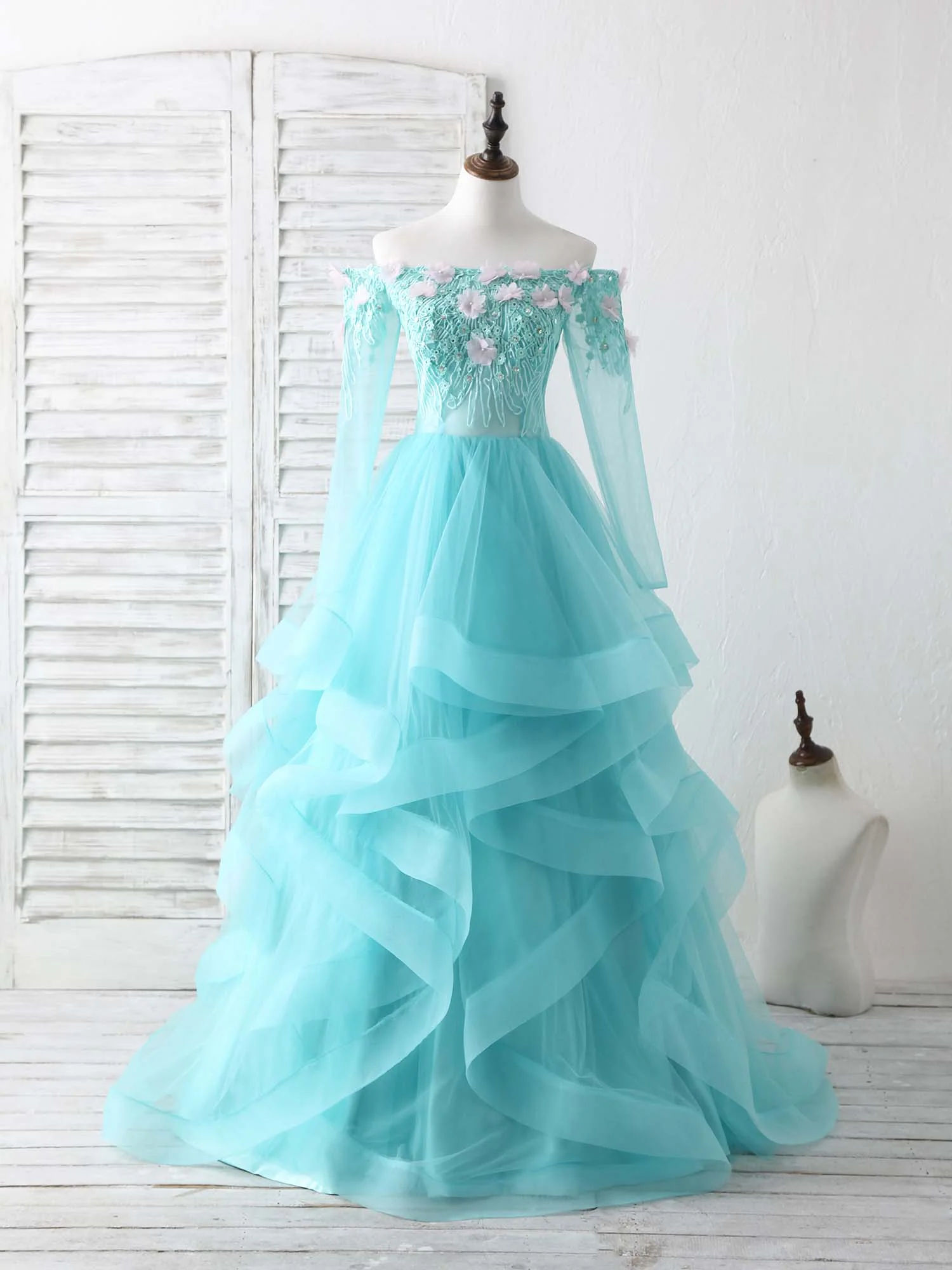 Green Tulle Lace Applique Long Prom Dress Green Graduation Dresses - Deanwangkt