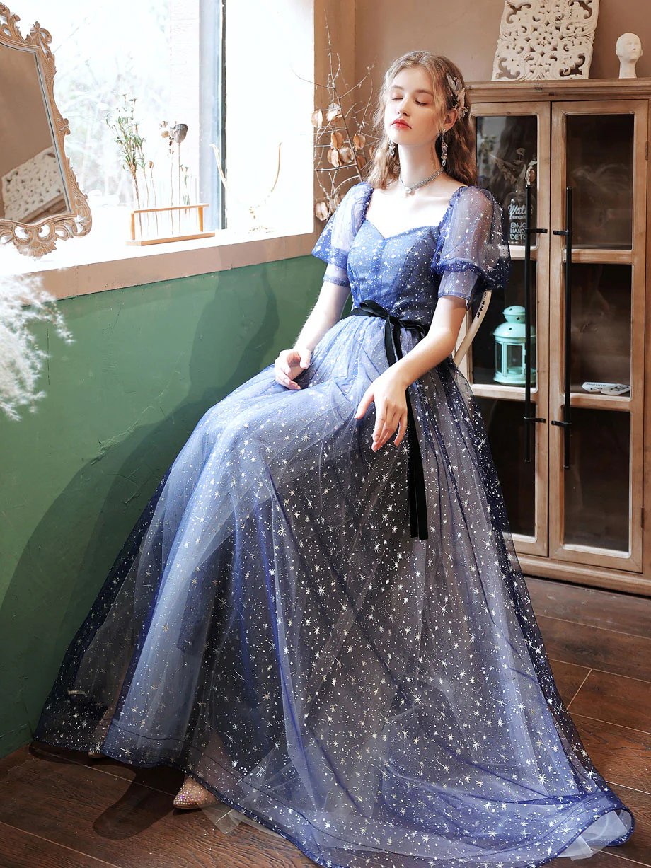 A-line Tulle Starry Blue Long Prom Dress, Blue Formal Graduation Dresses - Deanwangkt