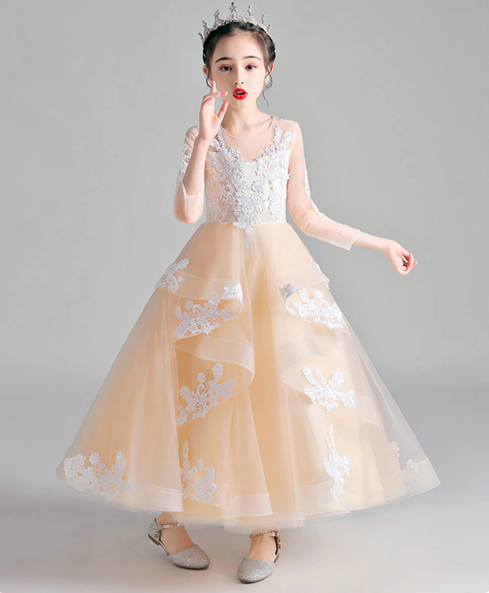 Champagne Round Neck Tulle Lace Flower Girl Dress - Deanwangkt