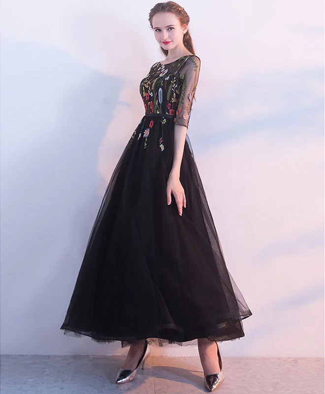 Black Lace Tulle Long Prom Dress, Black Evening Dress - Deanwangkt