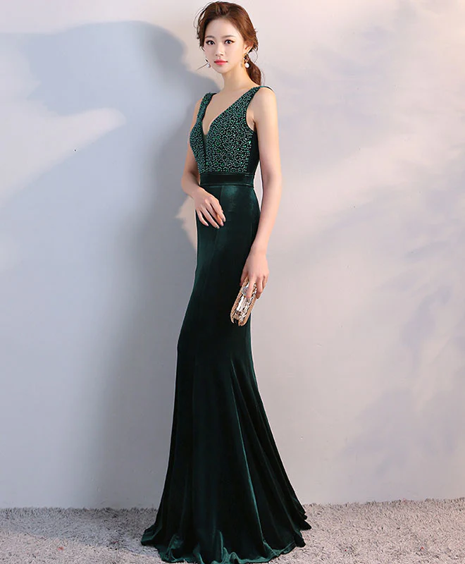 Green V Neck Velvet Long Prom Dress, Mermaid Evening Dress - Deanwangkt