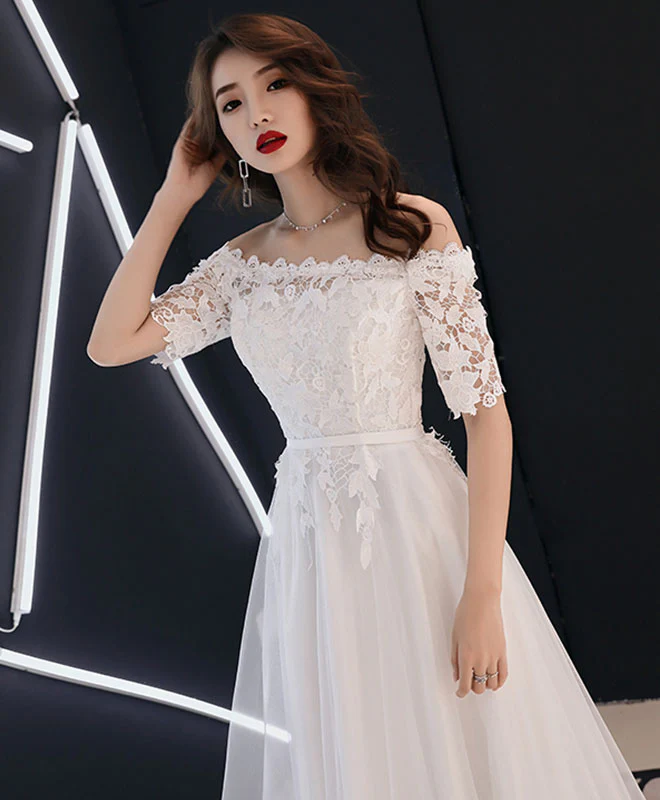 White Lace Tulle Long Prom Dress, White Tulle Lace Bridesmaid Dress - Deanwangkt