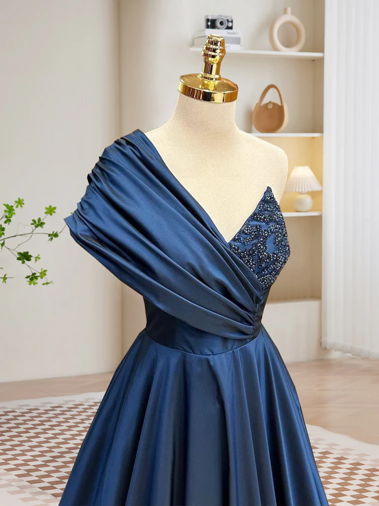 A-Line One Shoulder Satin Beads Dark Blue Long Prom Dress, Blue Long Evening Dress - Deanwangkt