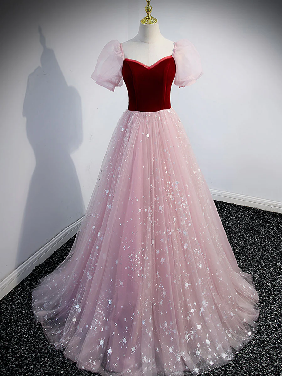 Pink A line Tulle Long Prom Dress, Pink Tulle Evening Graduation Dresses - Deanwangkt