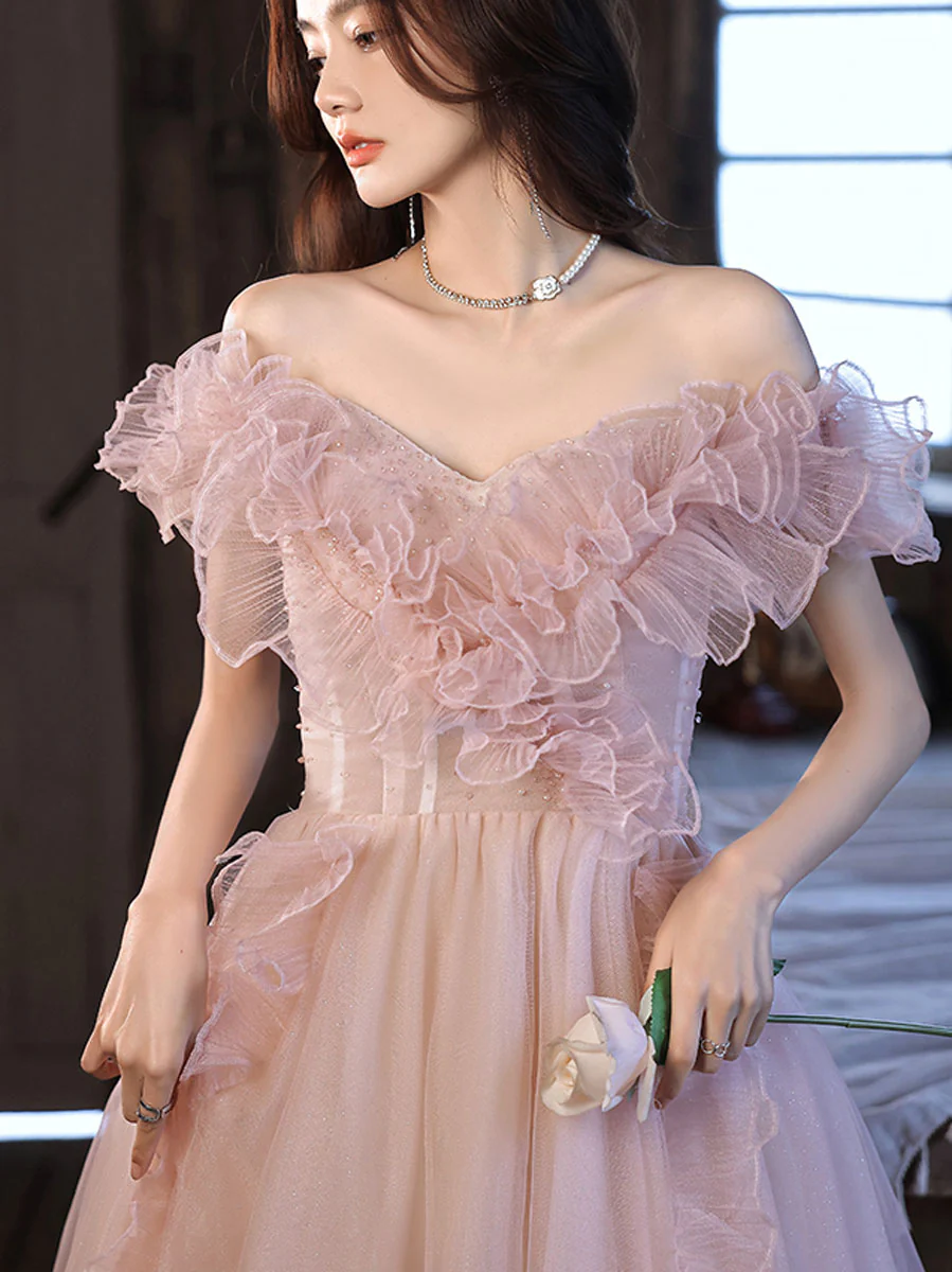 Pink Tulle Off Shoulder Long Prom Dress, Pink Formal Graduation Dresses - Deanwangkt