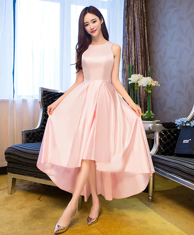 Simple Pink Satin Tea Length Prom Dress, Pink Homecoming Dresses - Deanwangkt