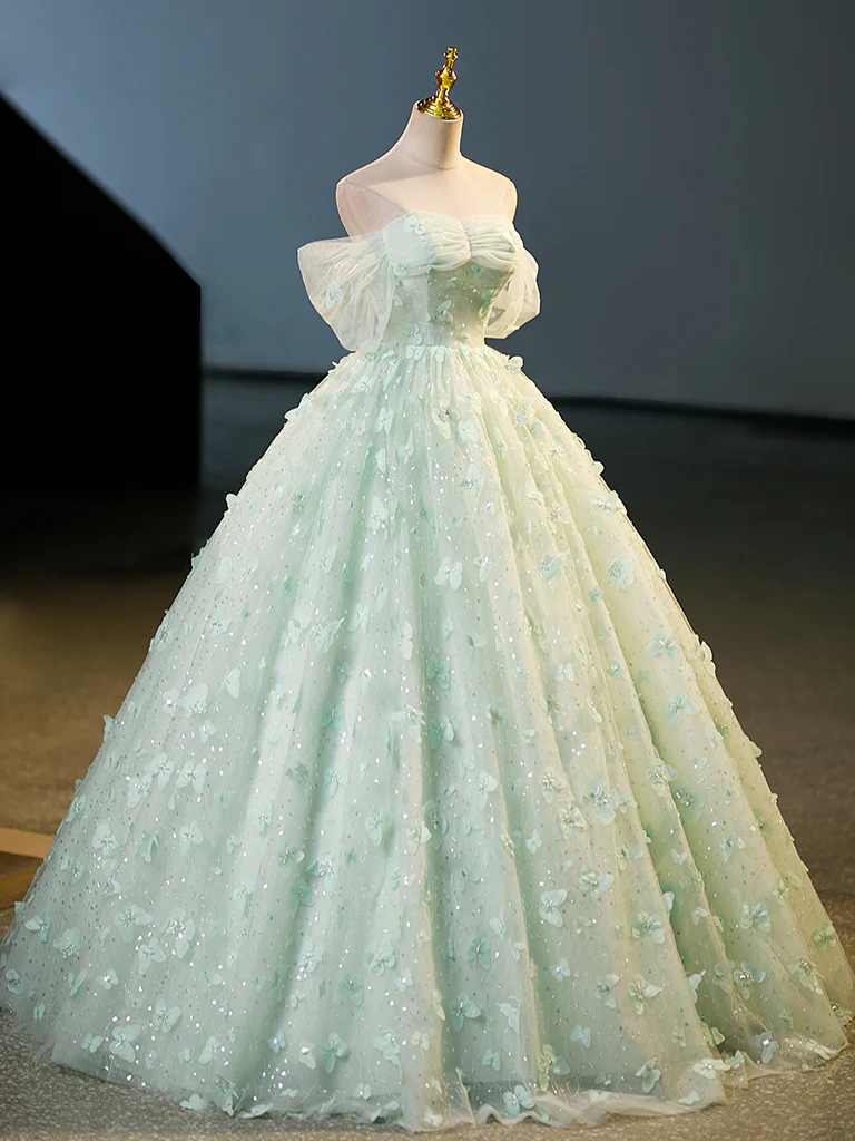 Green Tulle A-Line Lace Long Prom Dress, Green Lace Long Sweet 16 Dress - Deanwangkt