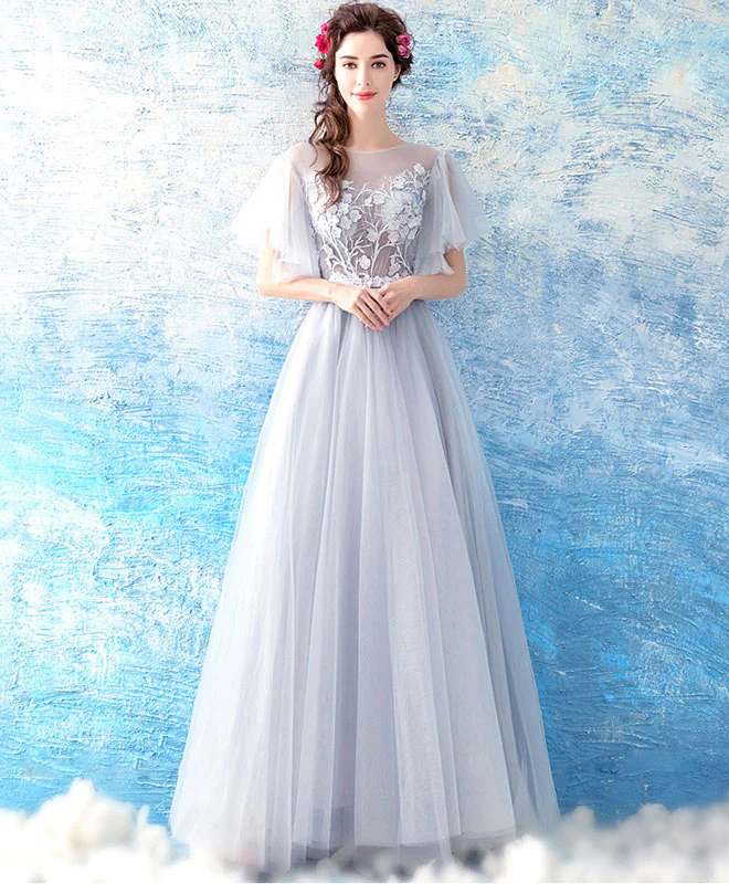 Gray Tulle Ace Long Prom Dress, Gray Evening Dress - Deanwangkt