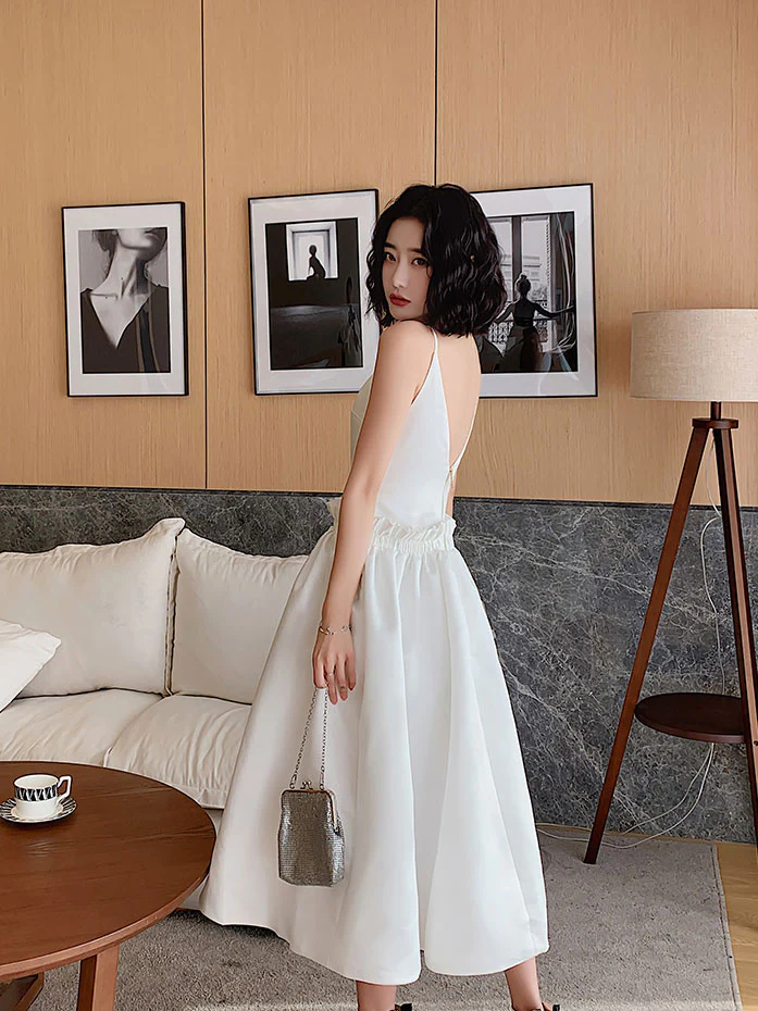 White Satin Short Prom Dress, White Satin Homecoming Dresses - Deanwangkt