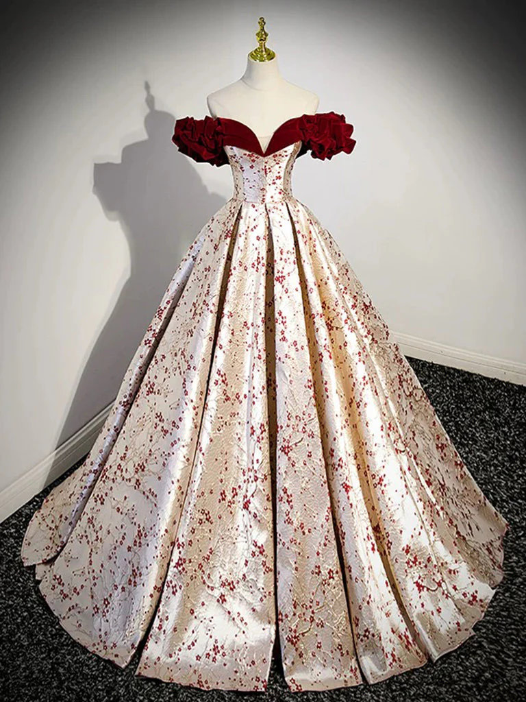 A-Line Off Shoulder Satin/velvet Champagne Long Prom Dress, Champagne Long Formal Dress - Deanwangkt