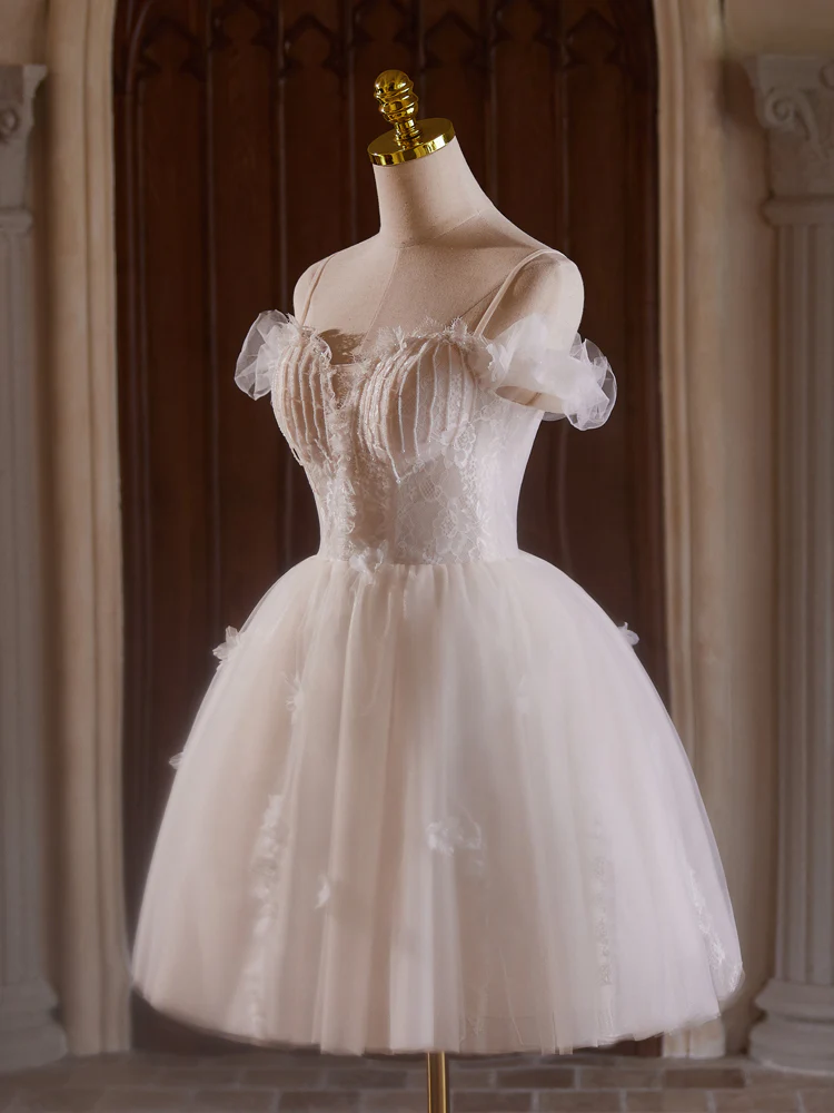 A-Line Off Shoulder Tulle Lace Light Champagne Short Prom Dress - Deanwangkt