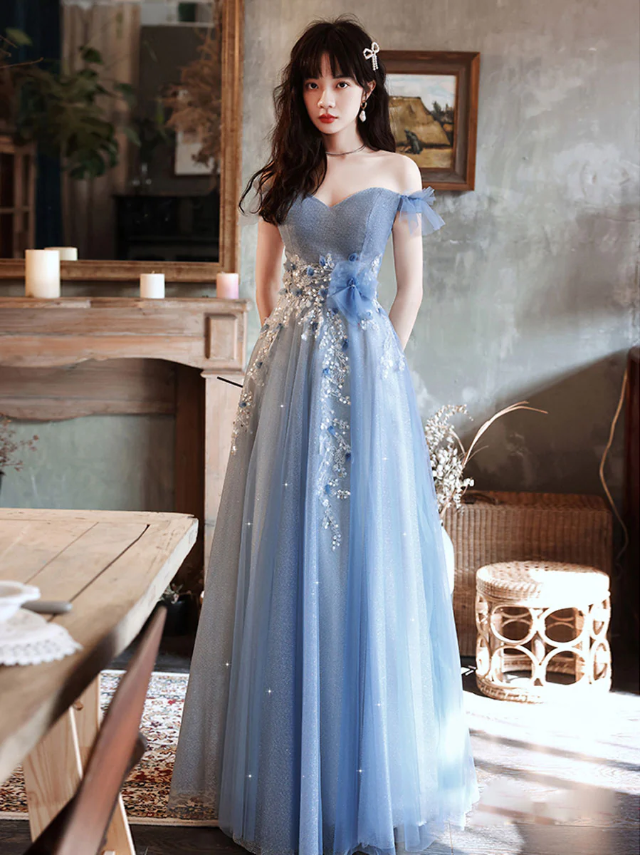 Blue Off Shoulder Tulle Long Prom Dress, Blue Tulle Formal Dress With Beading - Deanwangkt