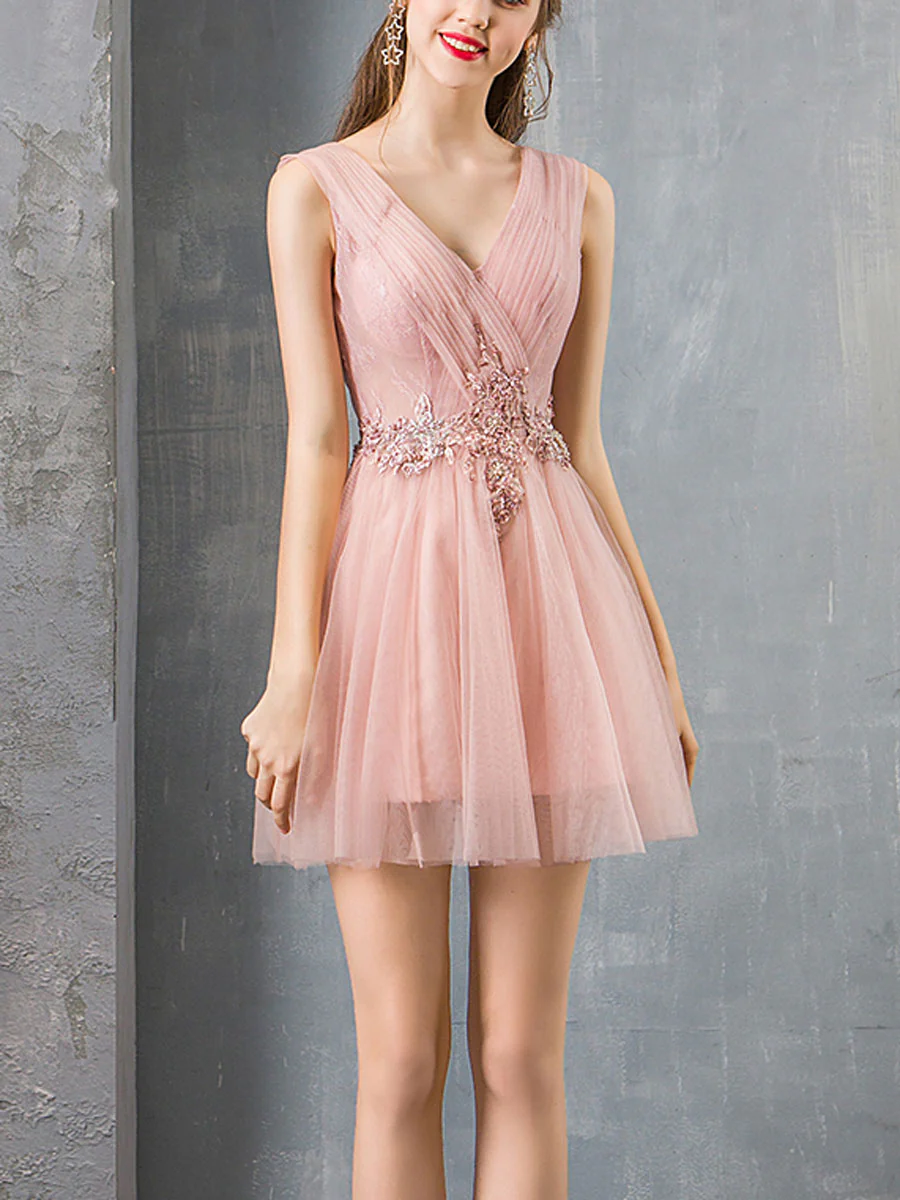 Pink V Neck Tulle Lace Short Prom Dress Pink Homecoming Dress - Deanwangkt