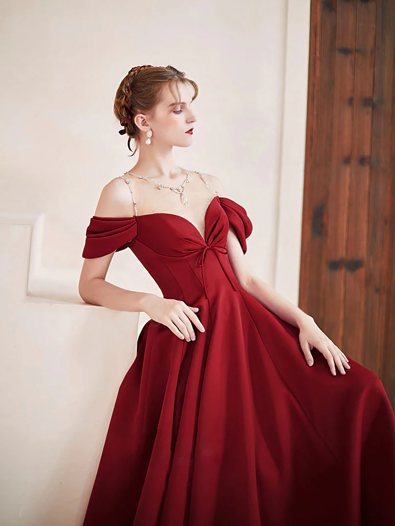 Simple Burgundy Round Neck Satin Long Prom Dress, Burgundy Formal Graduation Dresses - Deanwangkt