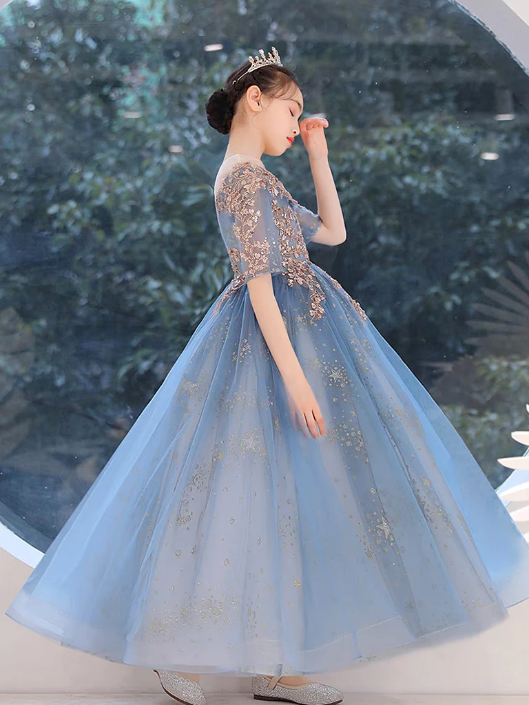 Blue Round Neck Tulle Sequin Lace Flower Girl Dress, Cute Blue Flower Girl Dress - Deanwangkt