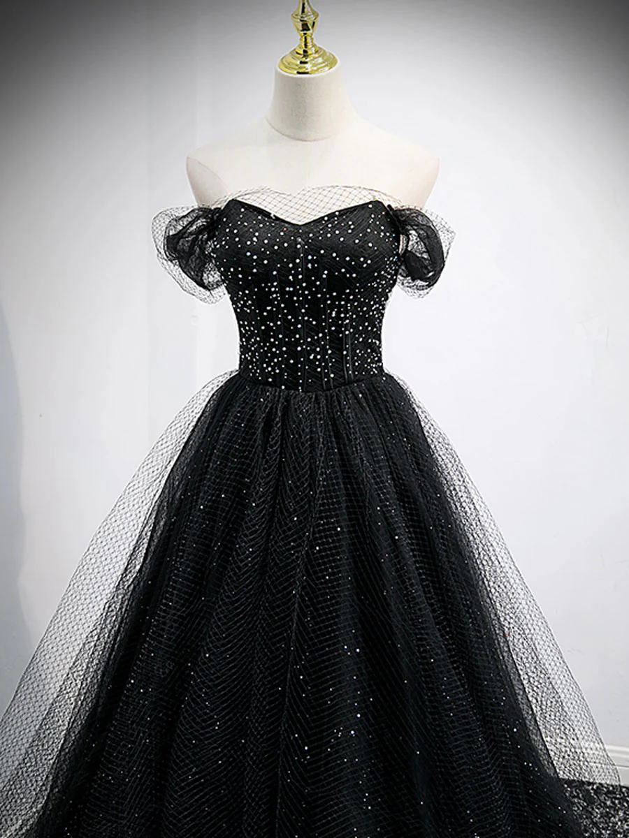 Black Sweetheart Off Shoulder Tulle Long Prom Dress, Black Evening Dress - Deanwangkt